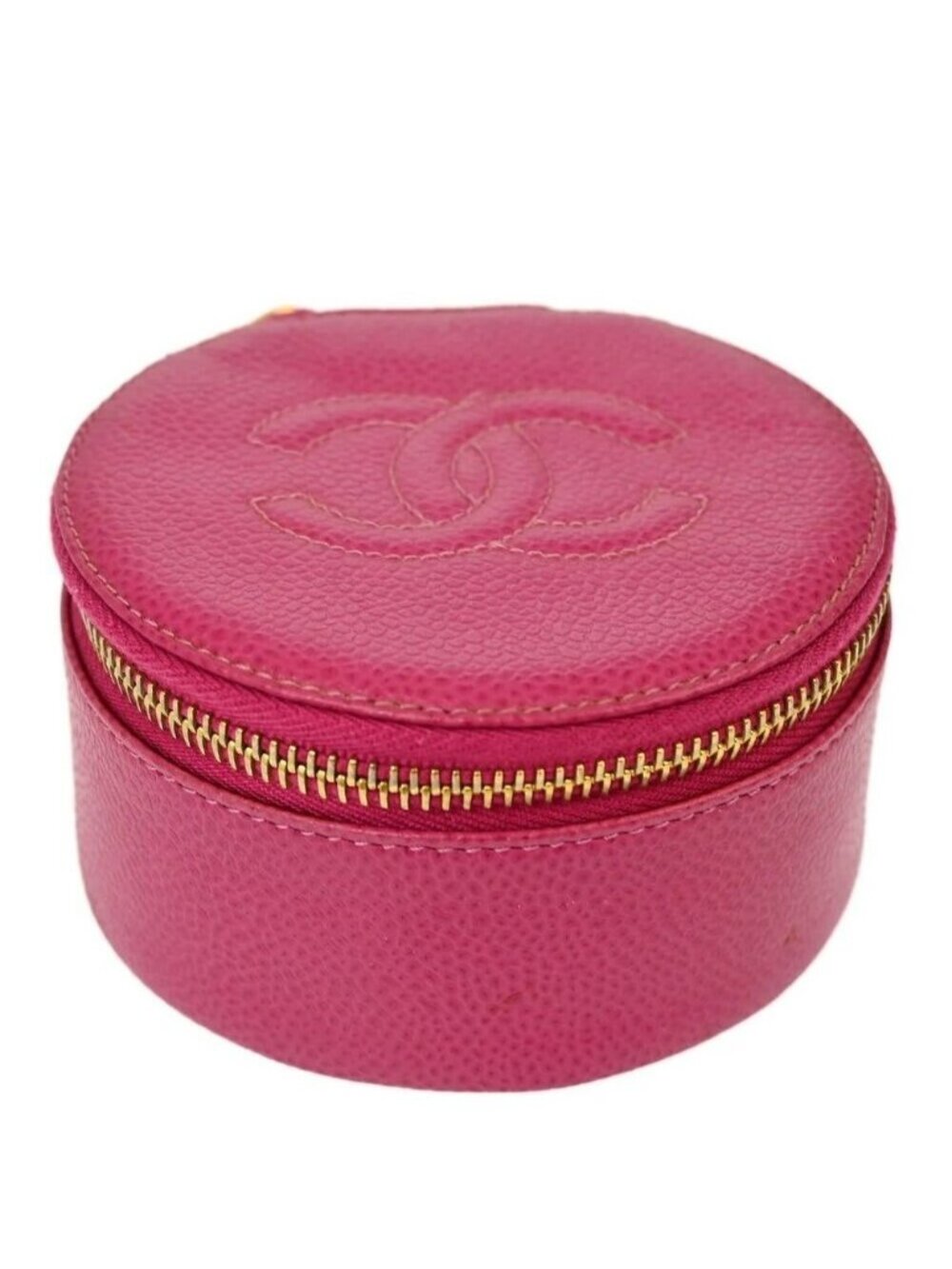 Chanel CC Caviar Round Pouch Jewelry Travel Case Coin Purse Pink